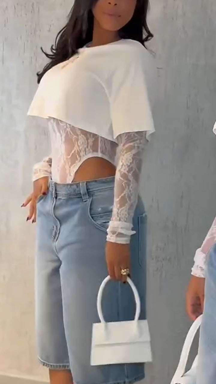 Hot Sale🔥Women's Round Neck Solid Color Short T-shirt + Lace Jumpsuit Two-piece Set