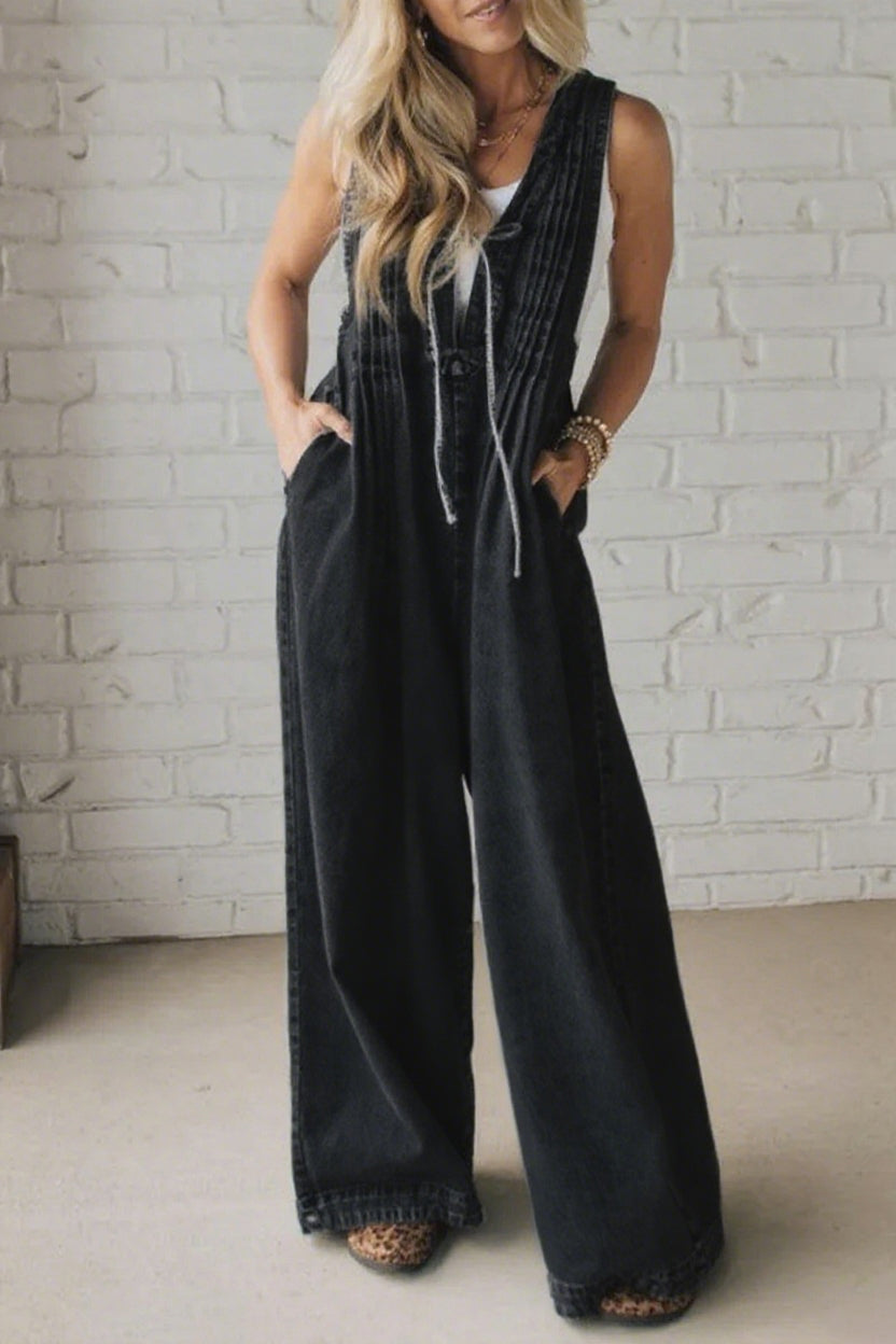Ladies' Shoulder Strap Hollow Splicing Pleated Casual Jumpsuit