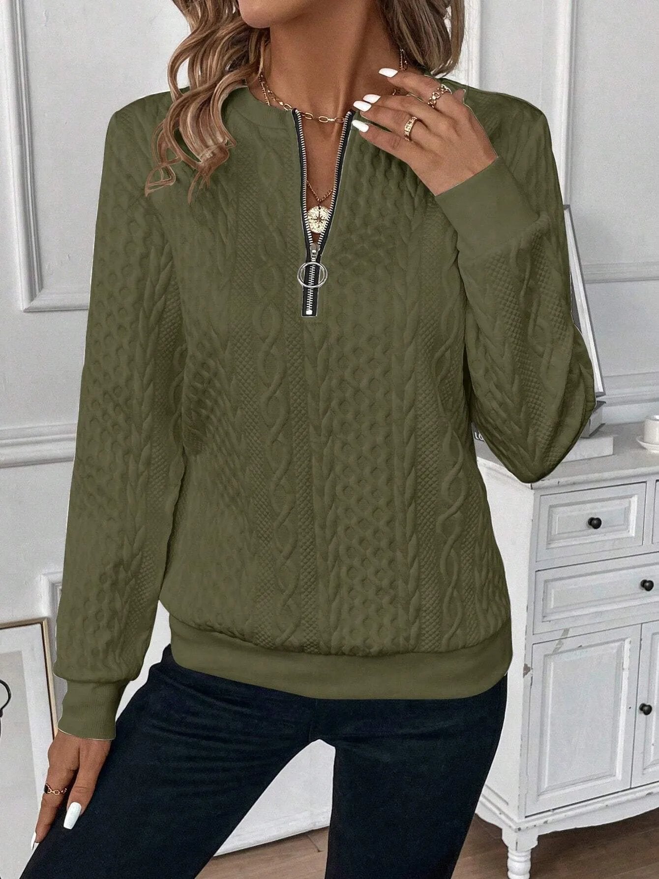 Women Geometric Print Zip-Up Stand Collar Casual Sweatshirt