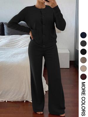 Women's Casual Comfortable Round Neck Long Sleeve Knit Sweater Set, High Waist Versatile Wide Leg Pants, Perfect for Daily Wear