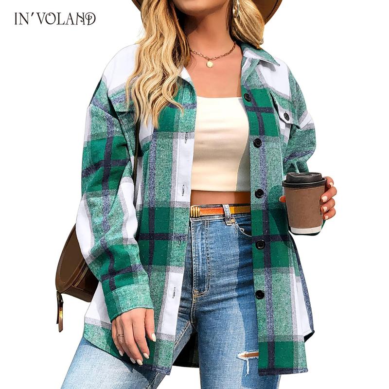 Womens Plus Size Shacket Jacket Flannel Plaid Long Sleeve Button Down Shirts Casual Fall Blouses Tops  Winter Coats Winter Holiday Haul#US 2025 Deals for You Days
