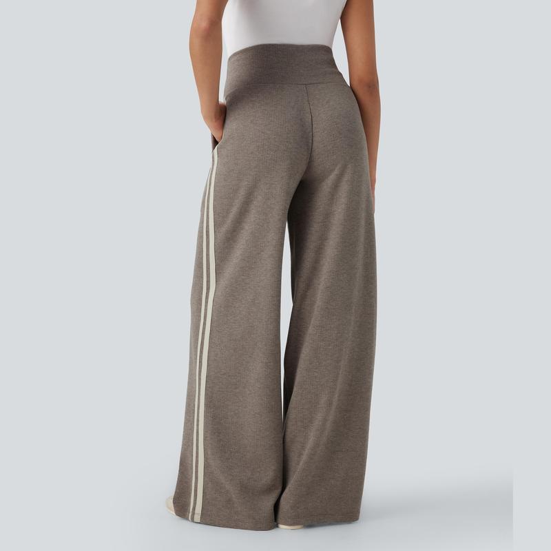 Ribbed SoCinched High Waisted Tummy Control Drawstring Wide Leg Color Block Casual Pants with Side Pockets