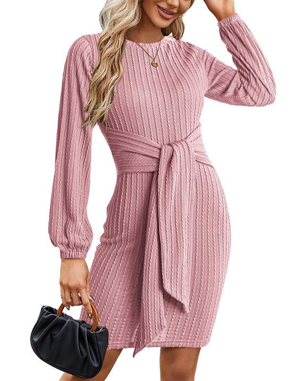 Women's Elegant Knit Dress Long Lantern Sleeve Fall Bodycon Crewneck Tie Waist Rib Knitted Sweater Dresses Basic Chic Minimalist