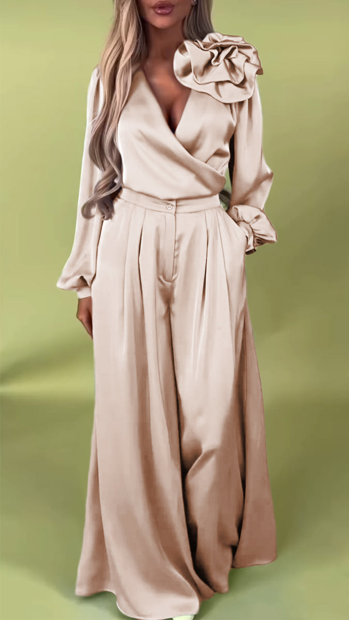Women's formal two-piece set in elegant satin with a V-neck.