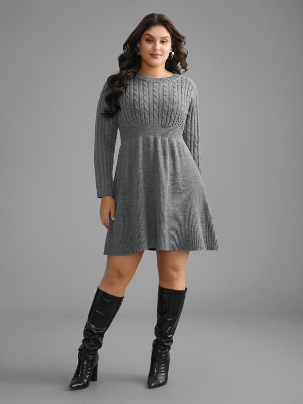 Cable Knit Fit-and-Flare Midi Sweater Dress - Long Sleeve Round Neck