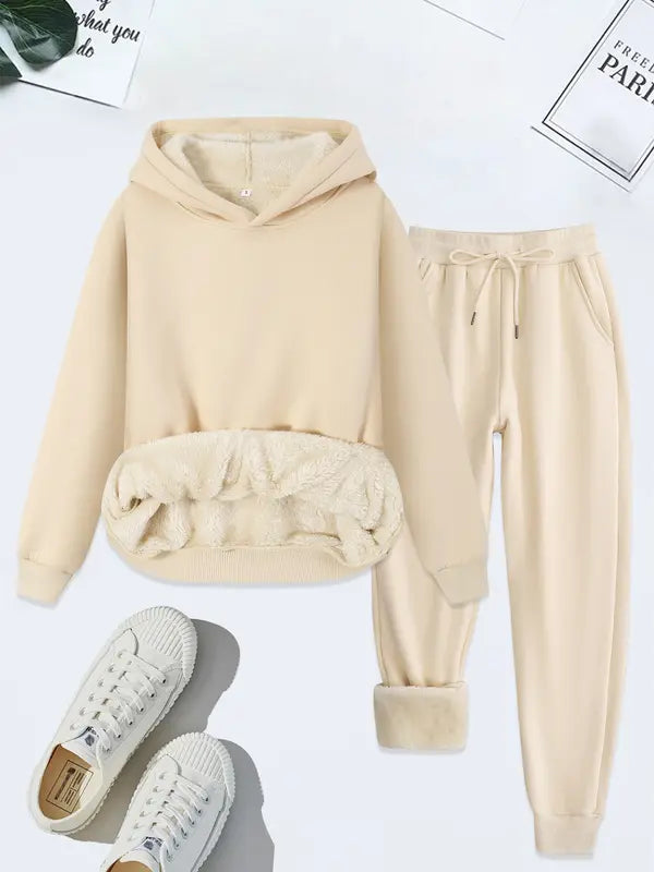 Women's Thermal Lined Solid Color Hoodie &Drawstring Waist Pants Two-piece Set, CasualLong Sleeve Hooded Sweatshirt & PocketTrousers for Fall & Winter, Women's Clothes forDaily wear