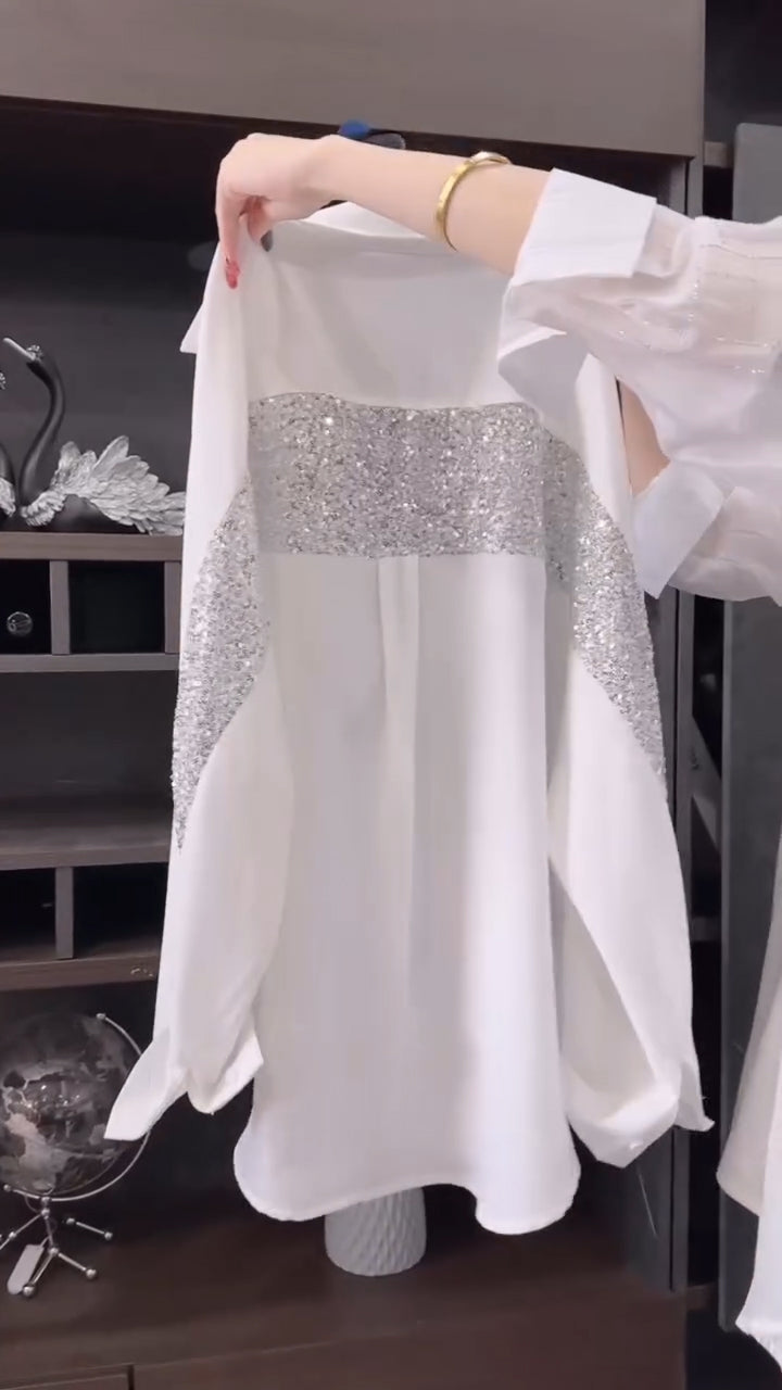 Ladies Collar Patchwork Sequin Casual Shirt