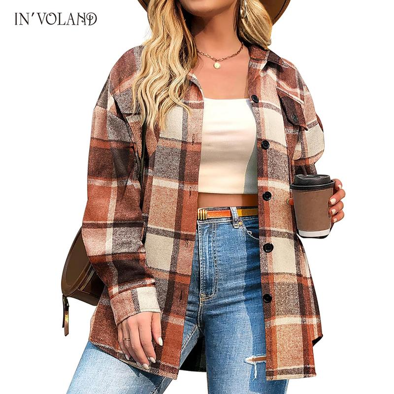 Womens Plus Size Shacket Jacket Flannel Plaid Long Sleeve Button Down Shirts Casual Fall Blouses Tops  Winter Coats Winter Holiday Haul#US 2025 Deals for You Days
