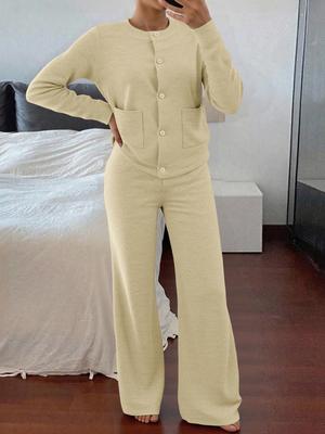 Women's Casual Comfortable Round Neck Long Sleeve Knit Sweater Set, High Waist Versatile Wide Leg Pants, Perfect for Daily Wear