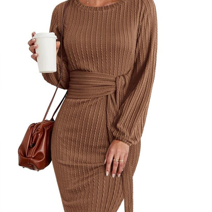 Women's Elegant Knit Dress Long Lantern Sleeve Fall Bodycon Crewneck Tie Waist Rib Knitted Sweater Dresses Basic Chic Minimalist