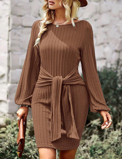 Women's Elegant Knit Dress Long Lantern Sleeve Fall Bodycon Crewneck Tie Waist Rib Knitted Sweater Dresses Basic Chic Minimalist