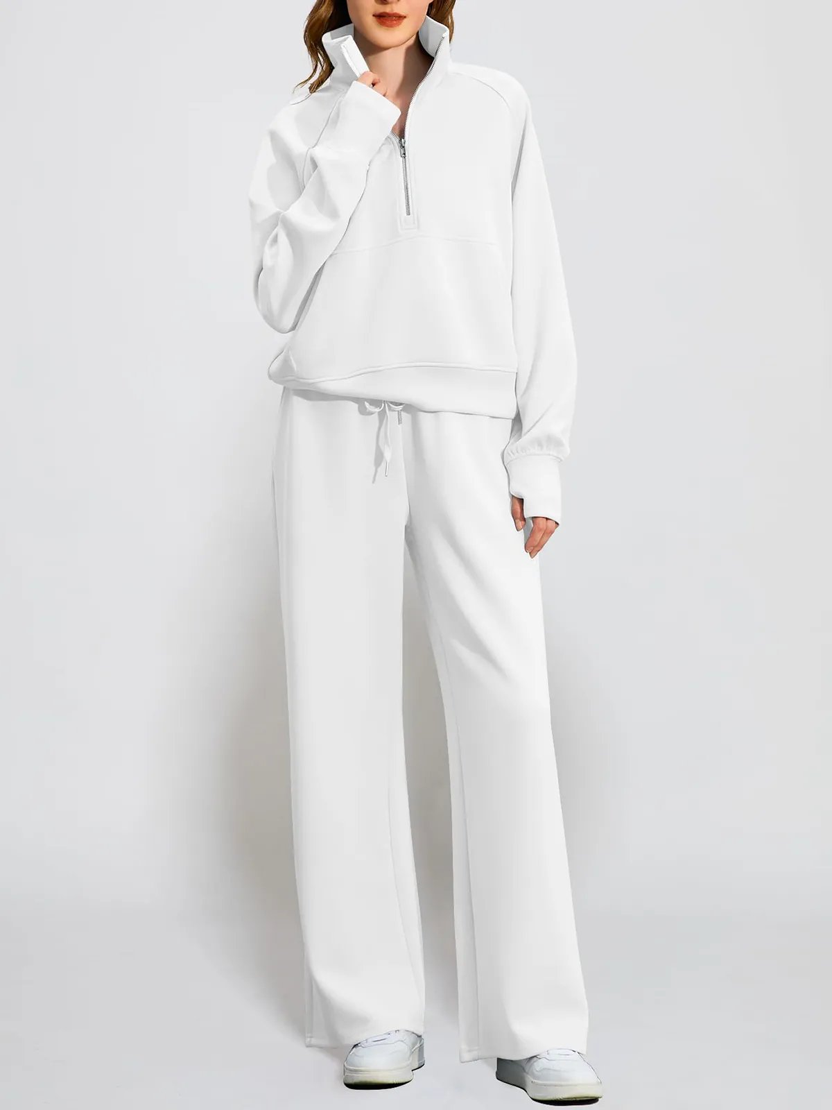 Limited time sale🔥Women's Oversized Half Zip Wide Leg 2 Piece Outfits Lounge Set