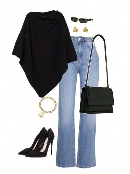 Women's Plain Loose Elegant Fashion Sweater Shawl, Fall & Winter Moderate Fabric Knit Wrap, Stylish Versatile Accessory for Ladies