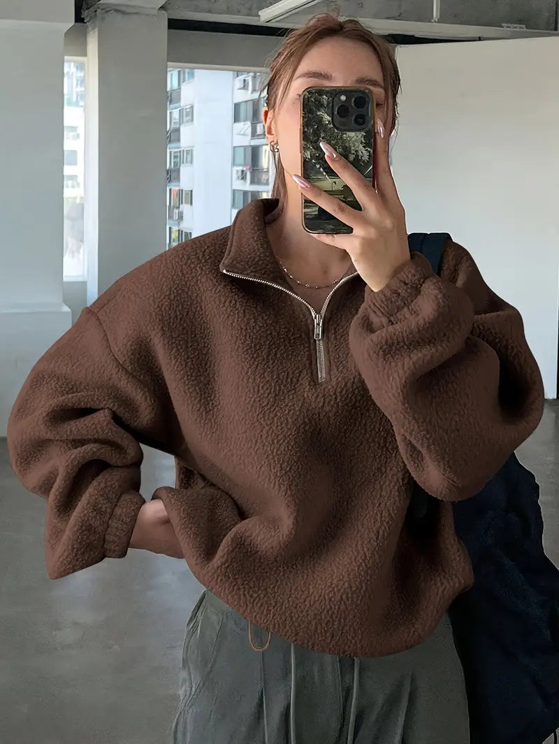 Women's Letter Patched Half Zip Fuzzy Sweatshirt, Casual Fits Long Sleeve Drop Shoulder Pullover for Fall & Winter, Women's Clothes for Daily Wear, Outfits Workwear for Women, Posh Clothes Women Yoga Jumpers