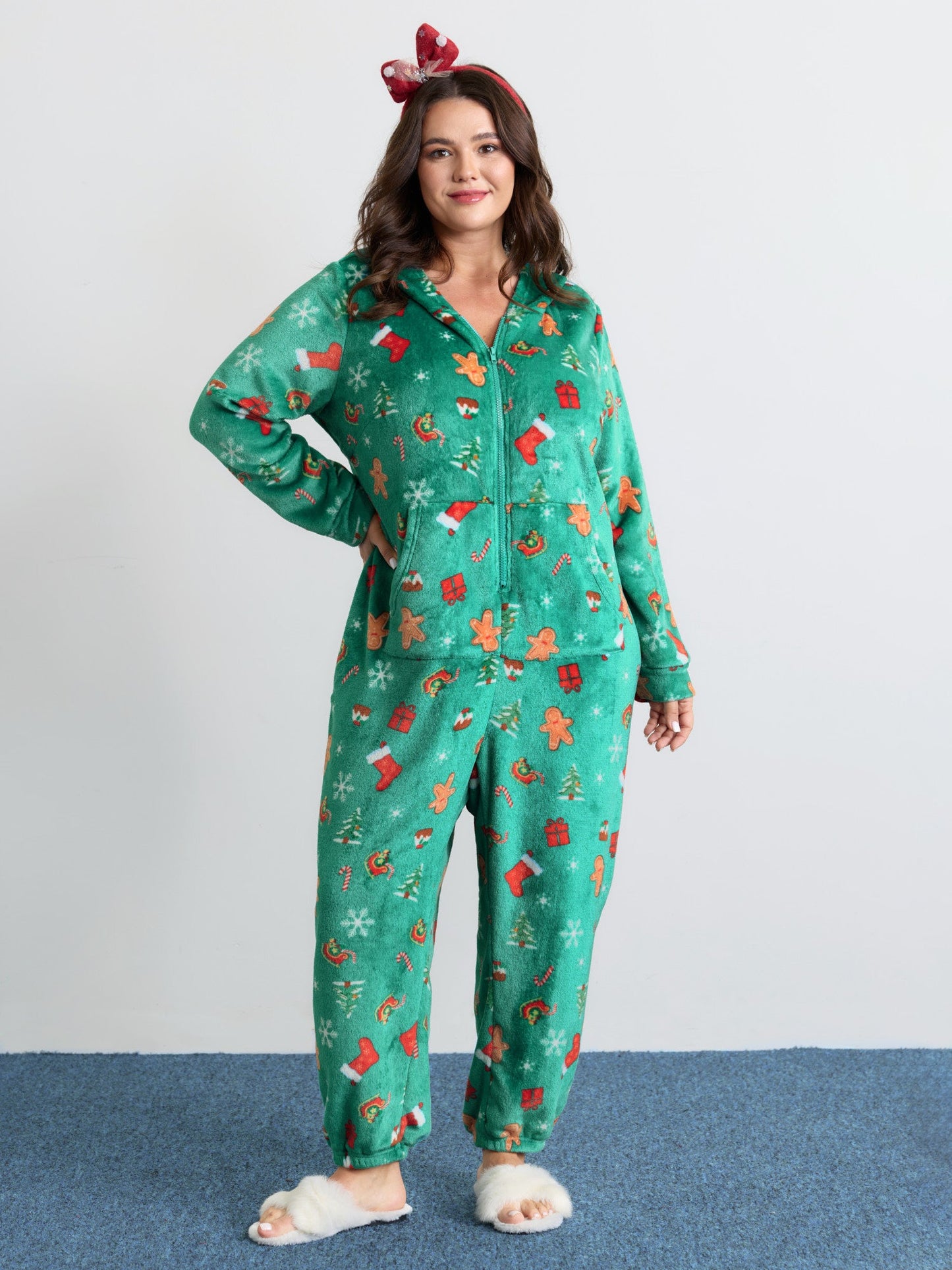 Fleece Holiday Pattern Pockets Hooded Sleep Jumpsuit