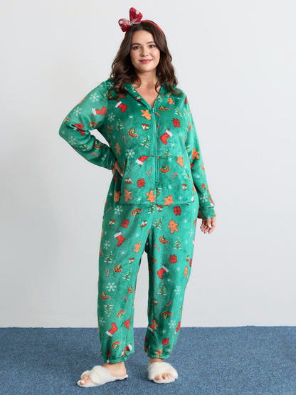 Fleece Holiday Pattern Pockets Hooded Sleep Jumpsuit