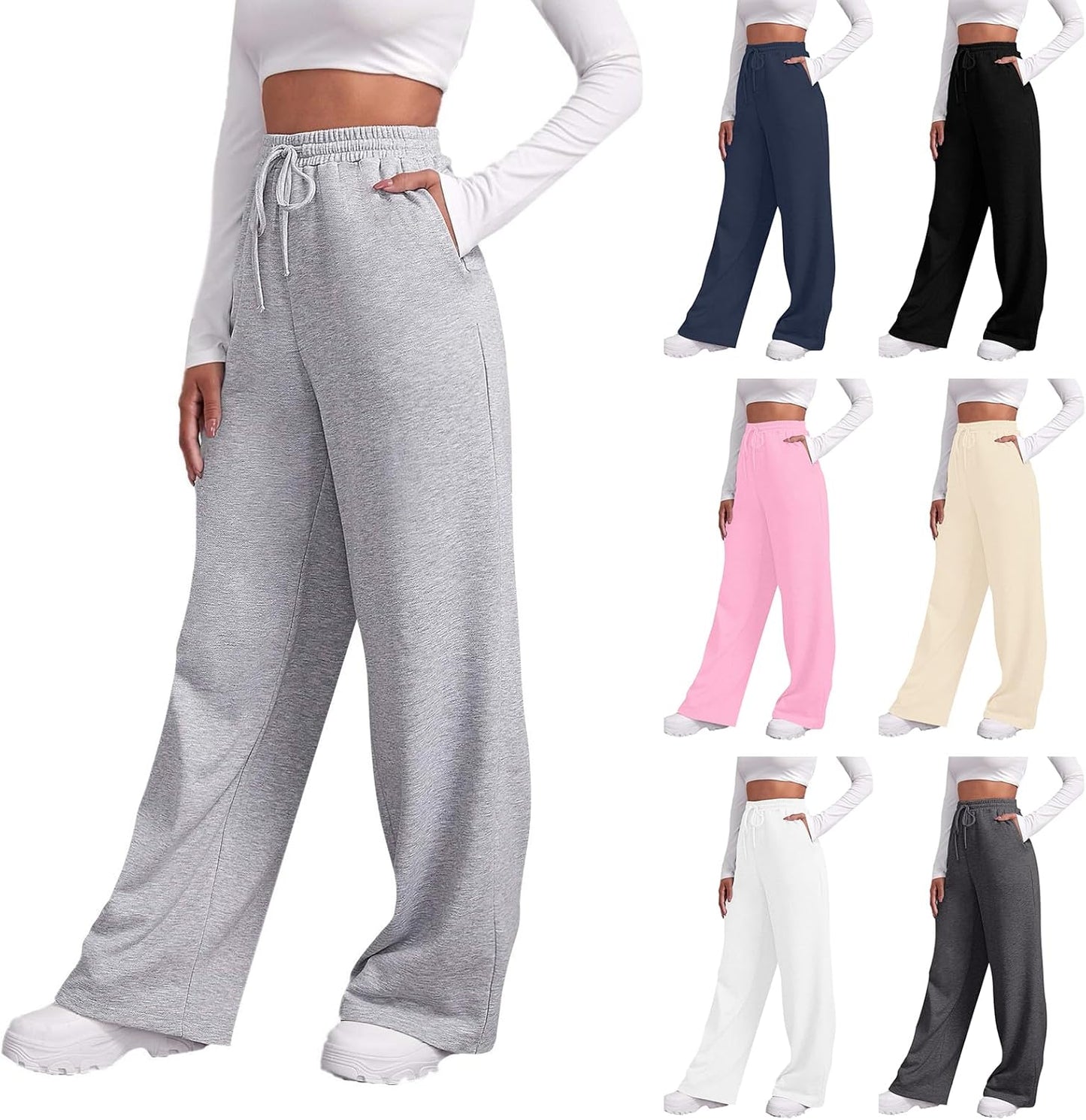 Straight Leg Sweatpants Women Baggy Drawstring Elastic Waist Lounge Pants Soft Cozy Joggers with Pockets