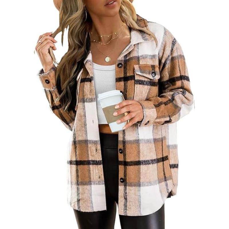 Womens Plus Size Shacket Jacket Flannel Plaid Long Sleeve Button Down Shirts Casual Fall Blouses Tops  Winter Coats Winter Holiday Haul#US 2025 Deals for You Days