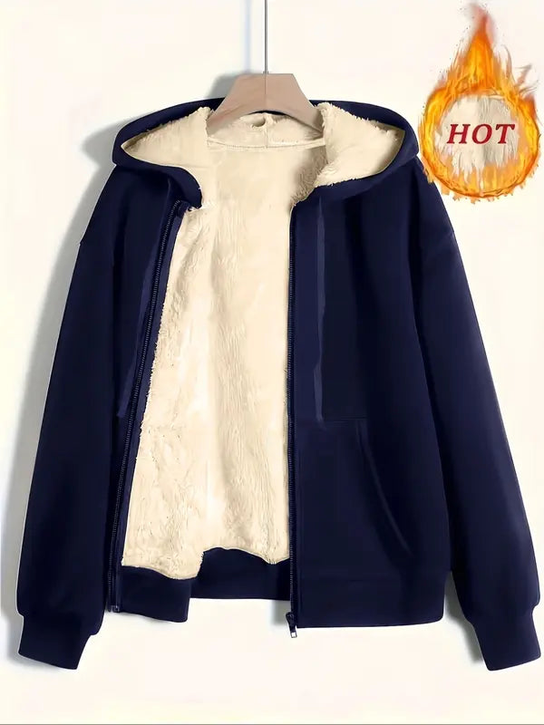 Women's Casual Long Sleeve Zipper Jacket, FallWinter Fleece Lined Coat, Plain Color HoodedOuterwear