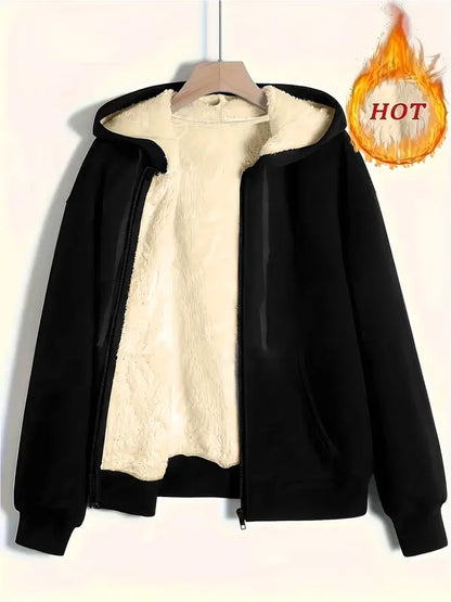 Women's Casual Long Sleeve Zipper Jacket, FallWinter Fleece Lined Coat, Plain Color HoodedOuterwear
