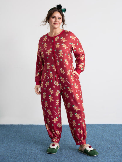 Gingerbread Print Button Placket Jumpsuit