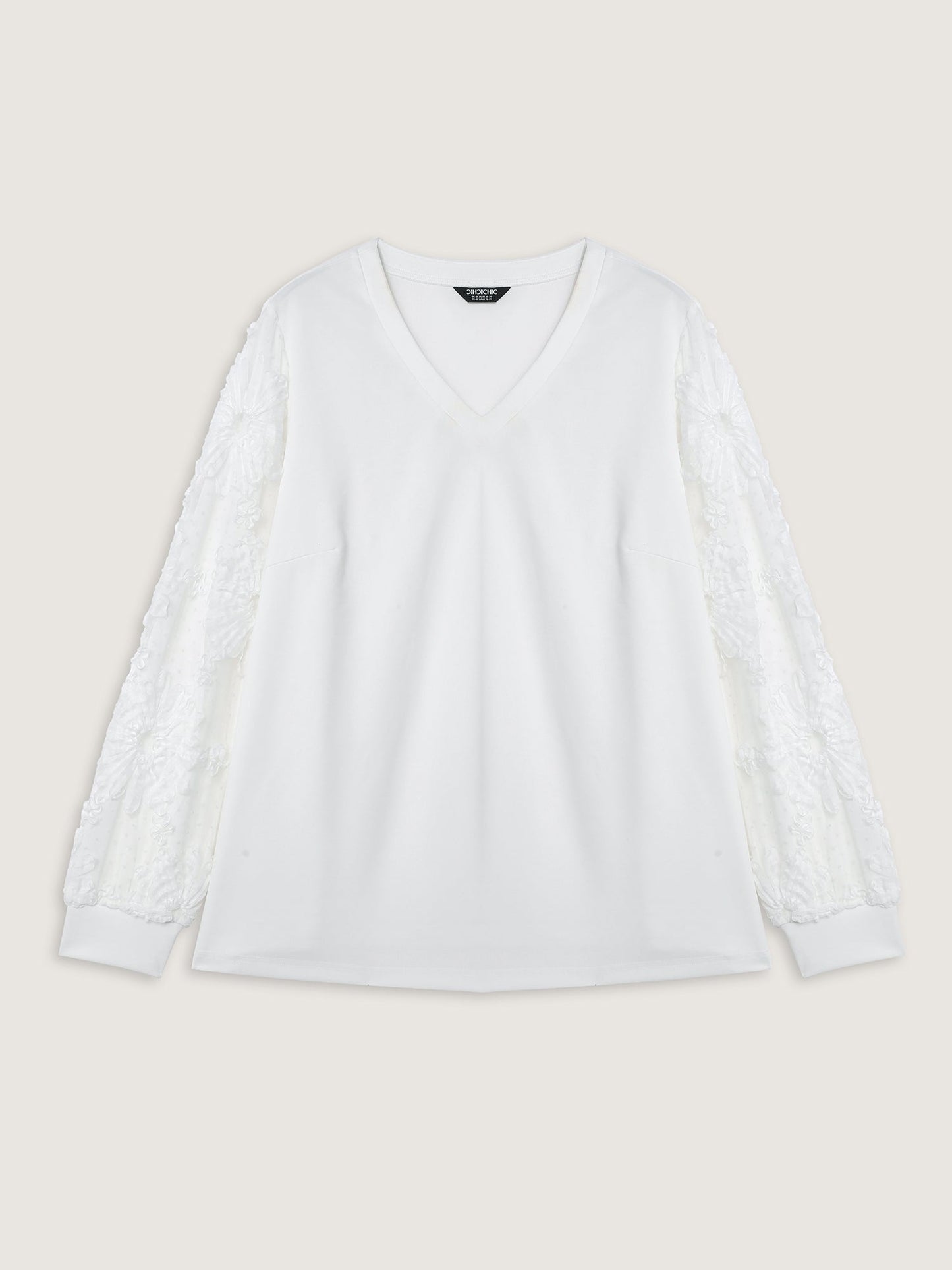 Textured Sheer Sleeve V-Neck T-Shirt