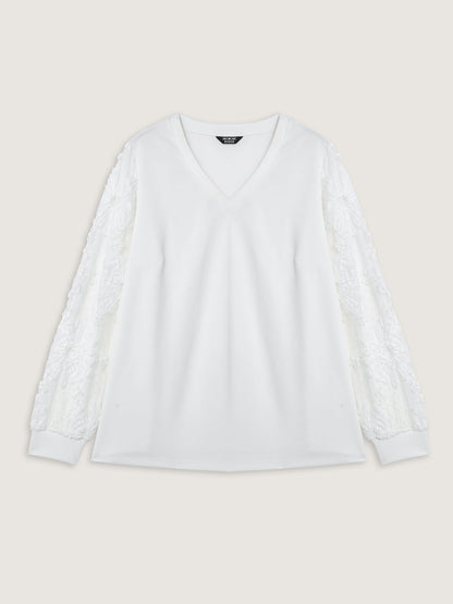 Textured Sheer Sleeve V-Neck T-Shirt