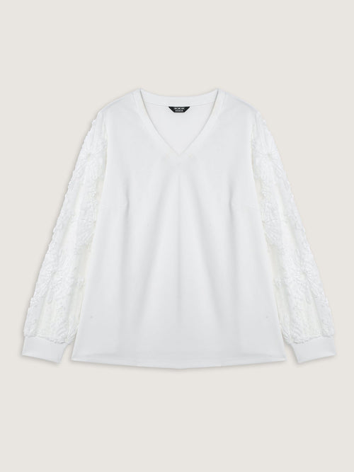 Textured Sheer Sleeve V-Neck T-Shirt