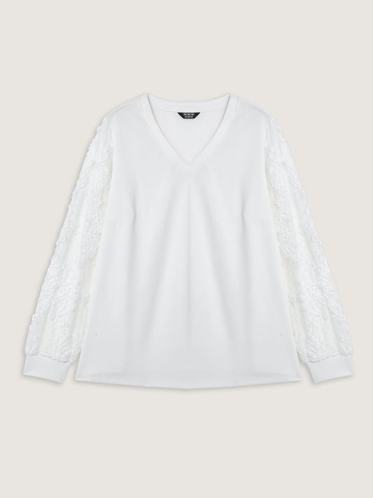 Textured Sheer Sleeve V-Neck T-Shirt