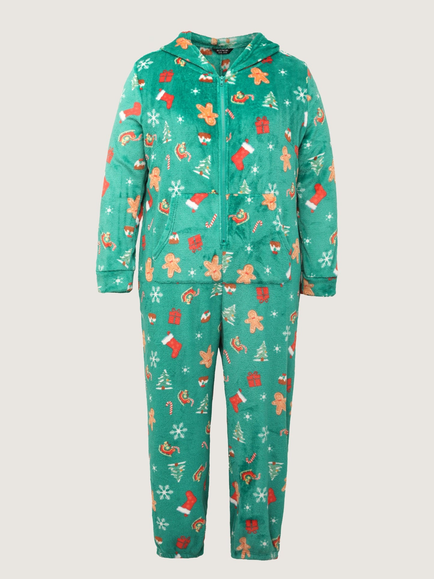 Fleece Holiday Pattern Pockets Hooded Sleep Jumpsuit