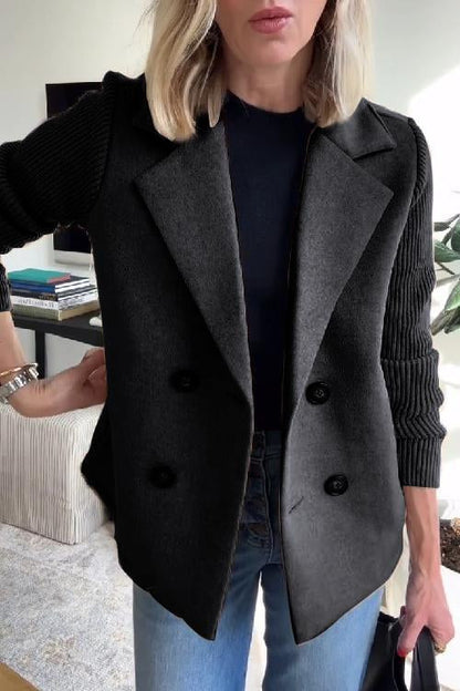 Women's Lapel Button Knitted Sleeve Casual Coat with Two Side Pockets