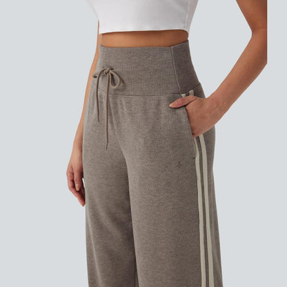 Ribbed SoCinched High Waisted Tummy Control Drawstring Wide Leg Color Block Casual Pants with Side Pockets