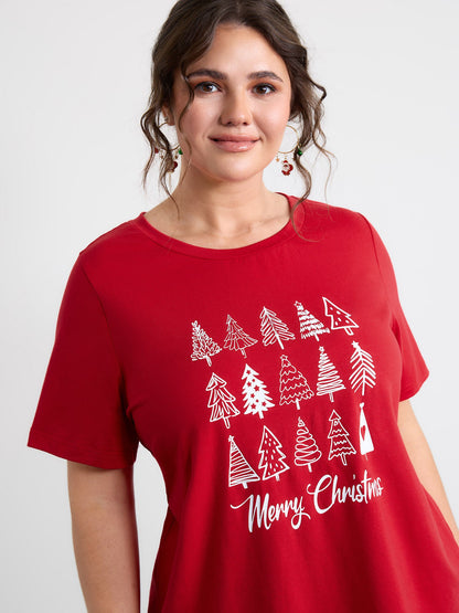 Cozy Christmas Print Round Neck T-Shirt