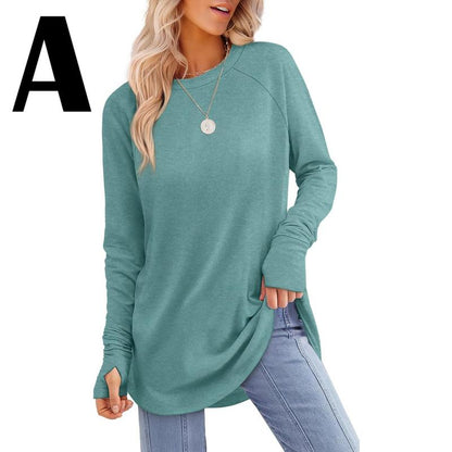 Women's Long Sleeve Tunic Tops For Leggings Crew Neck Curved Hem With Thumb Holes Casual Comfortable Daily Wear Shirts