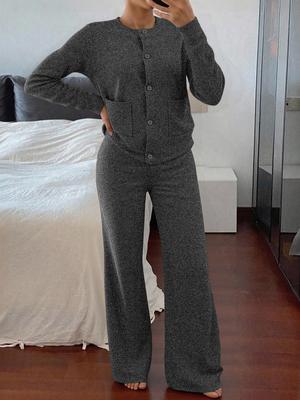 Women's Casual Comfortable Round Neck Long Sleeve Knit Sweater Set, High Waist Versatile Wide Leg Pants, Perfect for Daily Wear
