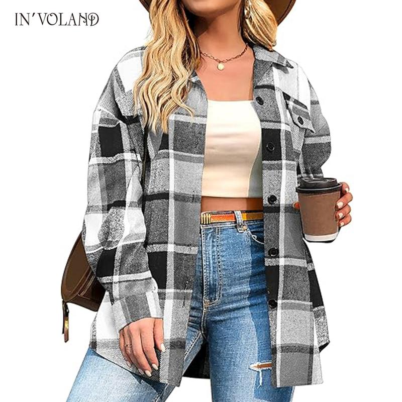 Womens Plus Size Shacket Jacket Flannel Plaid Long Sleeve Button Down Shirts Casual Fall Blouses Tops  Winter Coats Winter Holiday Haul#US 2025 Deals for You Days