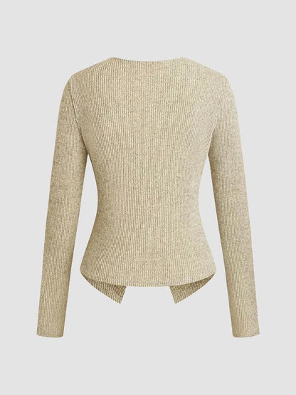 Women's Casual Elegant Ribbed Knit Button Long Sleeve Top, Fitted Plain Design, All Season Wear, Moderate Fabric Thickness