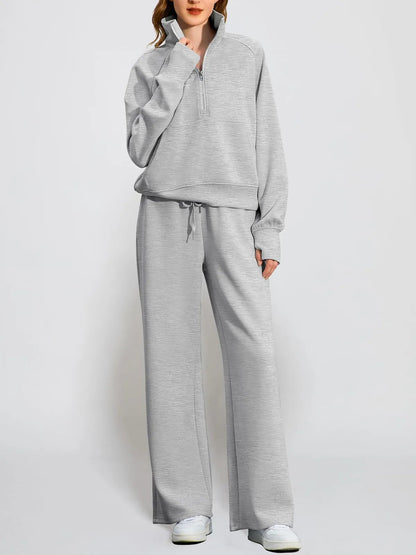Limited time sale🔥Women's Oversized Half Zip Wide Leg 2 Piece Outfits Lounge Set