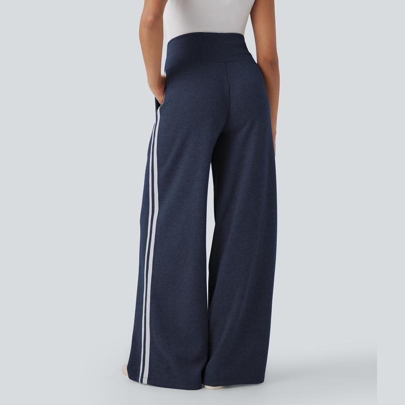 Ribbed SoCinched High Waisted Tummy Control Drawstring Wide Leg Color Block Casual Pants with Side Pockets