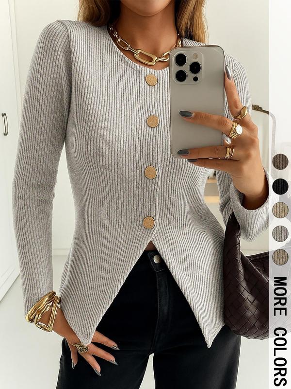 Women's Casual Elegant Ribbed Knit Button Long Sleeve Top, Fitted Plain Design, All Season Wear, Moderate Fabric Thickness