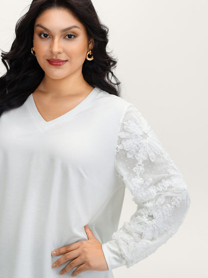 Textured Sheer Sleeve V-Neck T-Shirt