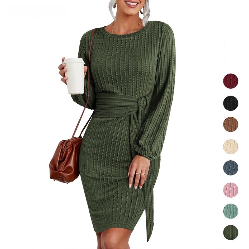 Women's Elegant Knit Dress Long Lantern Sleeve Fall Bodycon Crewneck Tie Waist Rib Knitted Sweater Dresses Basic Chic Minimalist