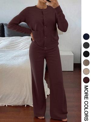 Women's Casual Comfortable Round Neck Long Sleeve Knit Sweater Set, High Waist Versatile Wide Leg Pants, Perfect for Daily Wear