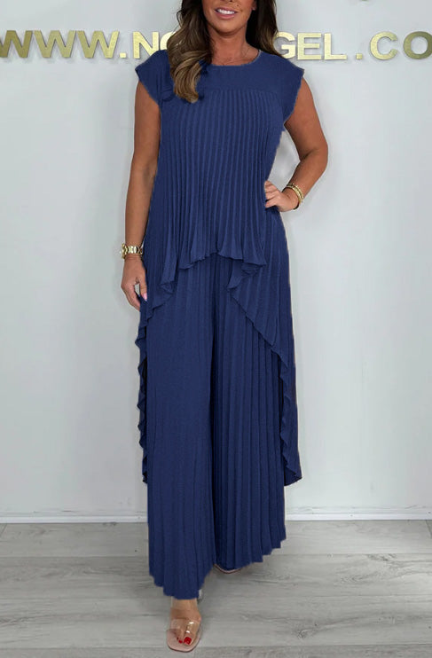 Pleated High Low Top & Trouser Two Piece Set