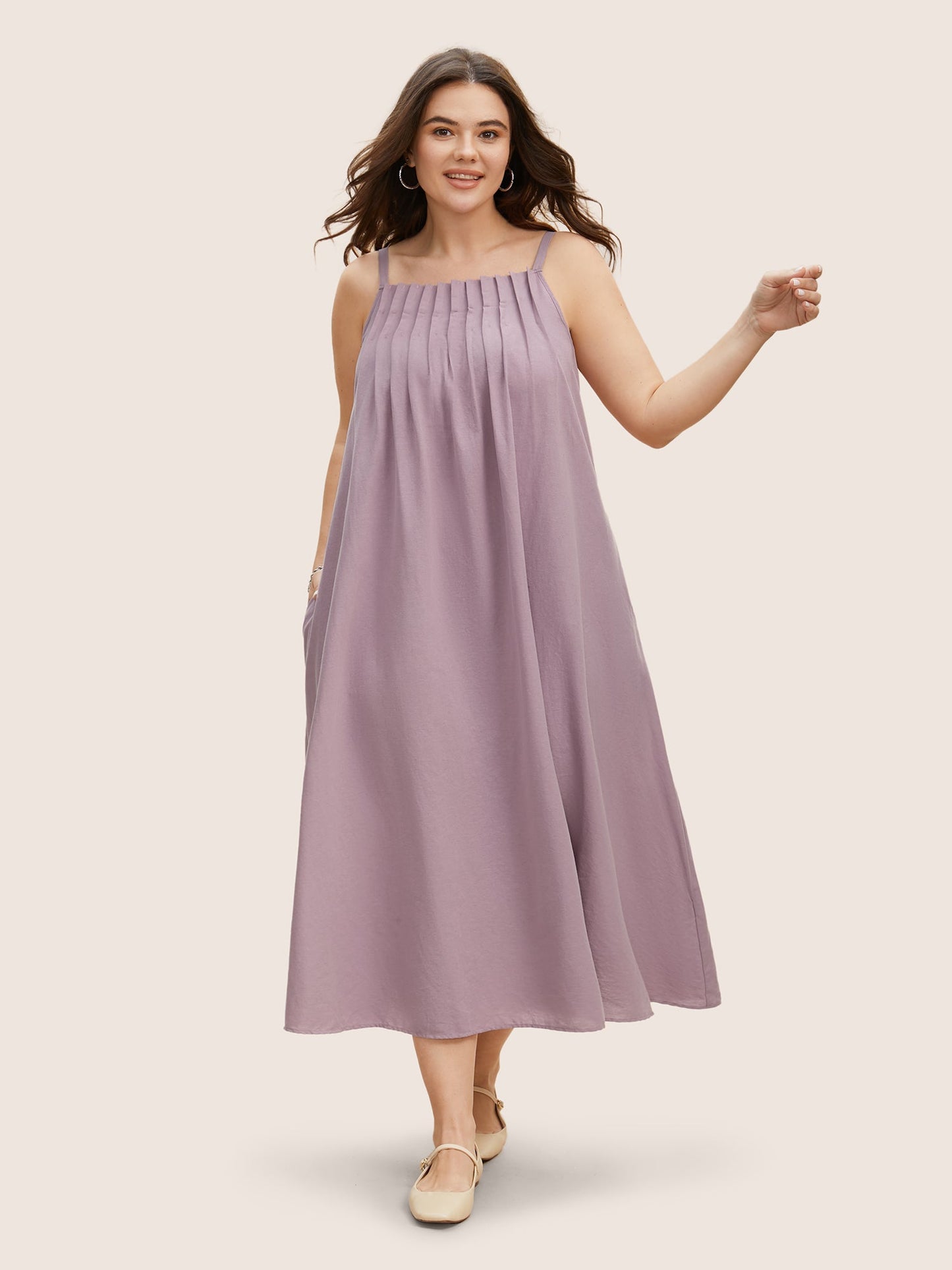 Cotton Plain Pleated Loose Fit Cami Dress