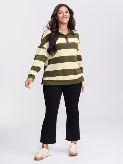 Pure Cotton Stripe Polo Collar Sweatshirt