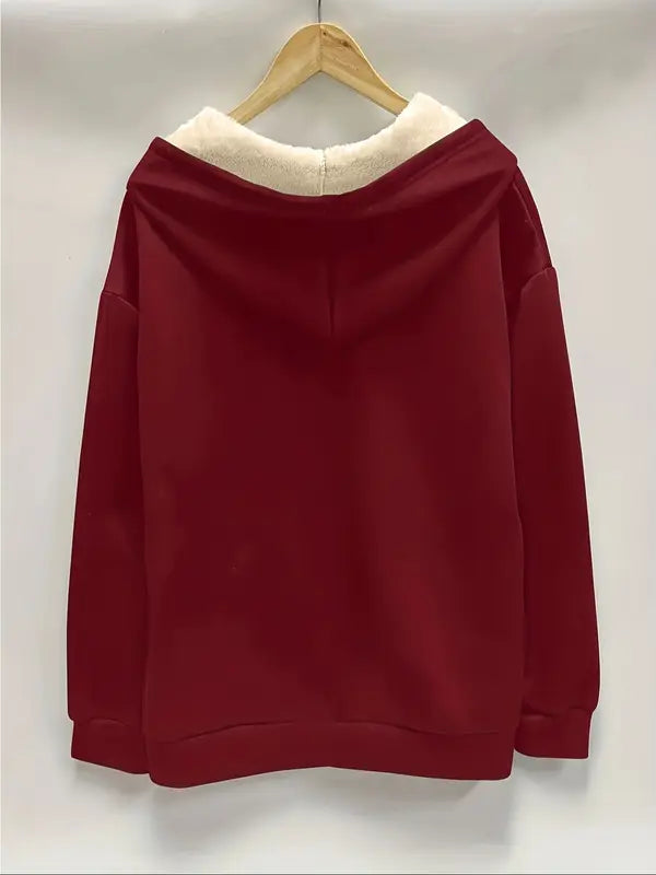 Women's Casual Long Sleeve Zipper Jacket, FallWinter Fleece Lined Coat, Plain Color HoodedOuterwear