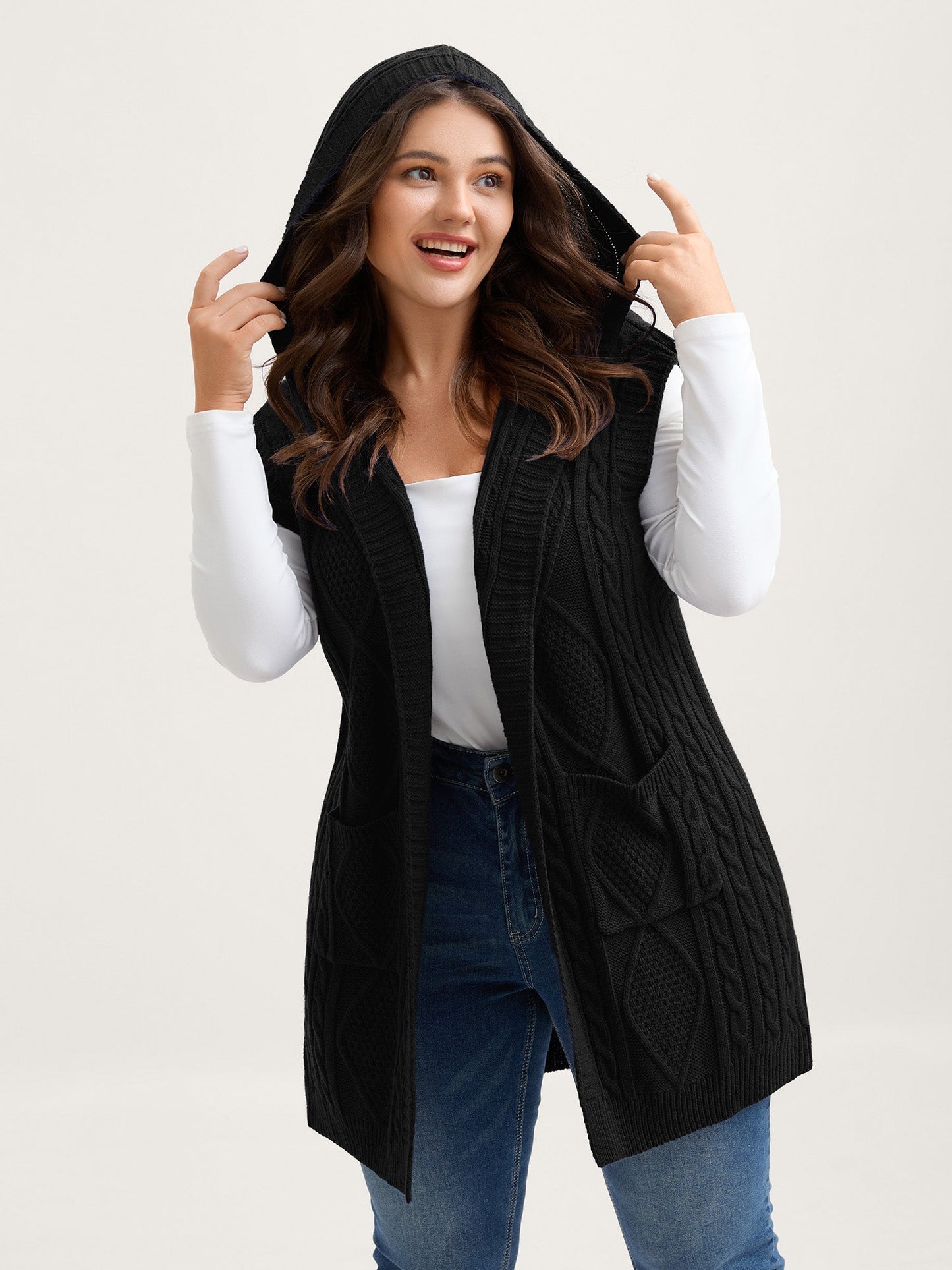 Twisted Hooded Sleeveless Knit Cardigan