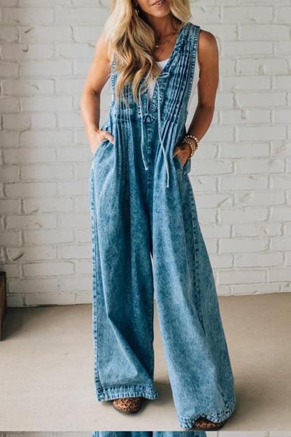 Ladies' Shoulder Strap Hollow Splicing Pleated Casual Jumpsuit