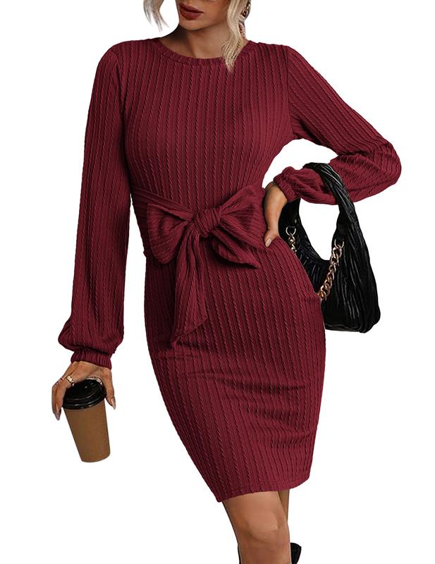 Women's Elegant Knit Dress Long Lantern Sleeve Fall Bodycon Crewneck Tie Waist Rib Knitted Sweater Dresses Basic Chic Minimalist